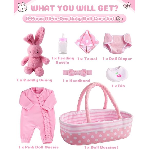 8 Pcs Baby Doll Accessories Outfit fit Newborn Babies Doll Girl Clothes Bassinet - Picture 2 of 7